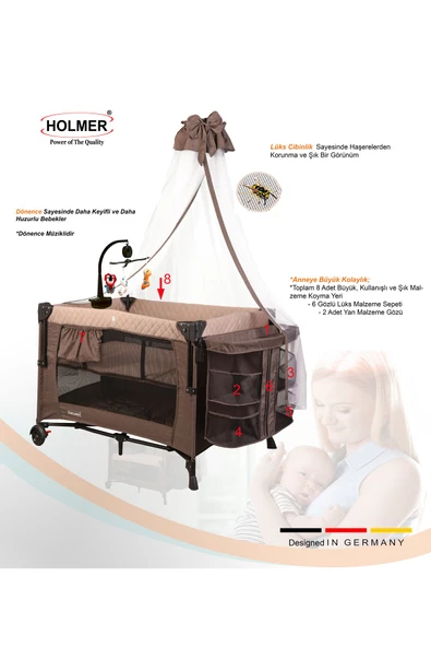 HOLMER Coolstyle (Deluxe Kumaş) Premium Cibinlikli Dönenceli Anne Yanı/Oyun Parkı/Park Yatak 70x110cm Bej - 5