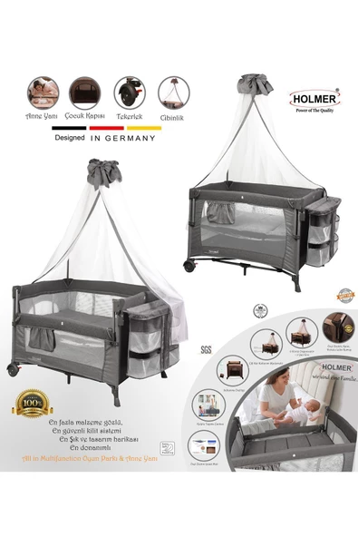 HOLMER Coolstyle Cibinlikli Anne Yanı Oyun Parkı 70x110cm Gri+Aloevera Yatak - 3
