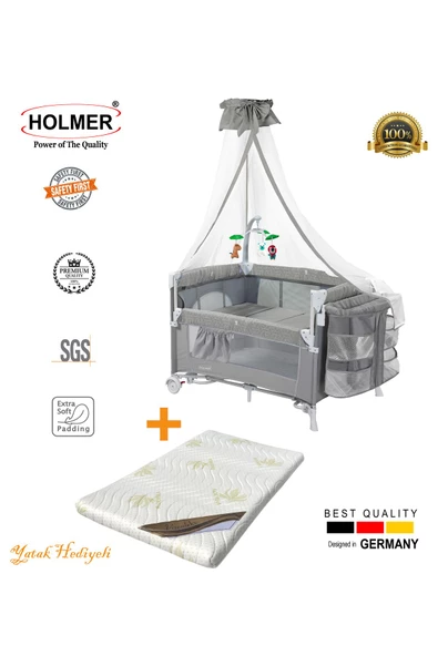 HOLMER Coolstyle (Anne Yanı -Deluxe Kumaş) Cibinlikli Dönenceli Oyun Parkı 70x110cm Gri + Aloevera Yatak