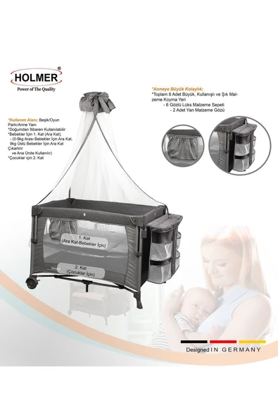 HOLMER Coolstyle Cibinlikli Anne Yanı Oyun Parkı 70x110cm Gri+Aloevera Yatak - 5