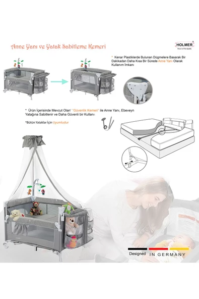 HOLMER Coolstyle (Anne Yanı -Deluxe Kumaş) Cibinlikli Dönenceli Oyun Parkı 70x110cm Gri + Aloevera Yatak - 4