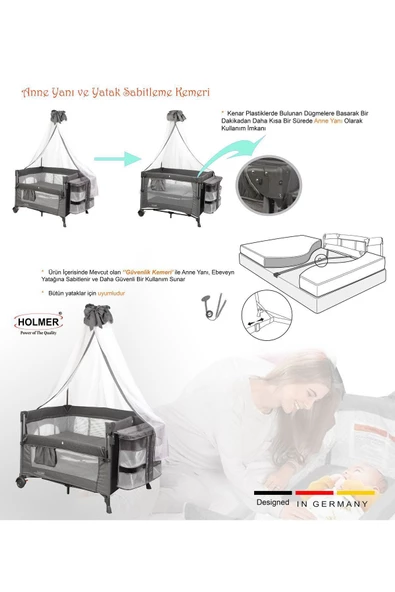 HOLMER Coolstyle Cibinlikli Anne Yanı Oyun Parkı 70x110cm Gri+Aloevera Yatak - 4