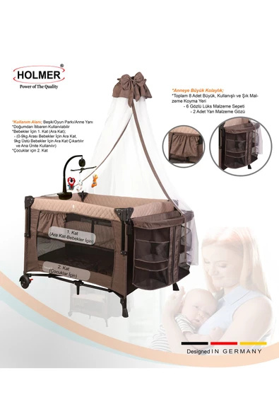 HOLMER Coolstyle (Deluxe Kumaş) Premium Cibinlikli Dönenceli Anne Yanı/Oyun Parkı/Park Yatak 70x110cm Bej - 3