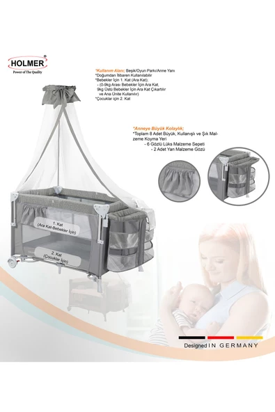 HOLMER Coolstyle Anne Yanı Cibinlikli  Oyun Parkı/Park Yatak Gri 70x110cm   Aloevera Yatak - 6