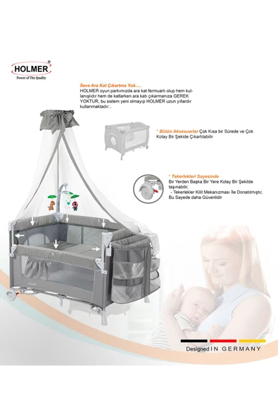HOLMER Coolstyle (Deluxe Kumaş) Premium Cibinlikli Dönenceli Anne Yanı/Oyun Parkı/Park Yatak 70x110cm Gri - 5