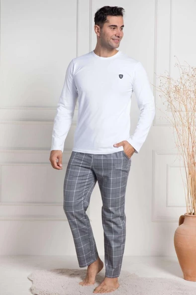 Mecit 3054 Erkek Beyaz Ekoseli Büyük Beden Pijama Takımı - 2