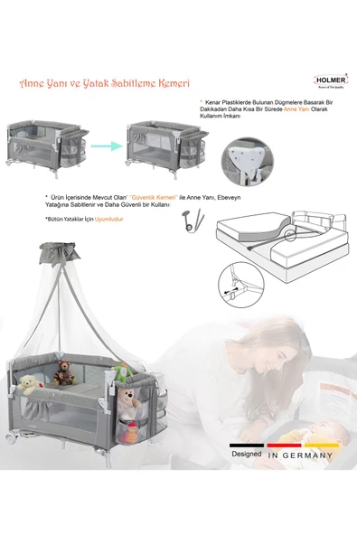 HOLMER Coolstyle Anne Yanı Cibinlikli  Oyun Parkı/Park Yatak Gri 70x110cm   Aloevera Yatak - 4