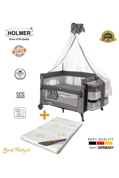 HOLMER Coolstyle Cibinlikli Anne Yanı Oyun Parkı 70x110cm Gri+Aloevera Yatak