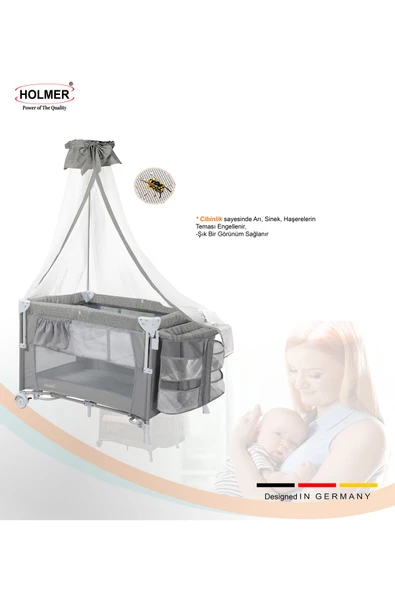 HOLMER Coolstyle Anne Yanı Cibinlikli  Oyun Parkı/Park Yatak Gri 70x110cm   Aloevera Yatak - 5
