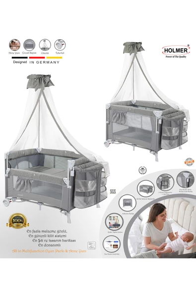 HOLMER Coolstyle Anne Yanı Cibinlikli  Oyun Parkı/Park Yatak Gri 70x110cm   Aloevera Yatak - 2