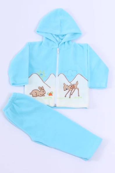 BEBEK POLAR ALT ÜST TAKIM KAPŞONLU FERMUARLI NAKIŞLI E11 - 8