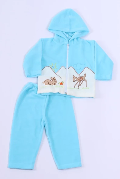 BEBEK POLAR ALT ÜST TAKIM KAPŞONLU FERMUARLI NAKIŞLI E11 - 7