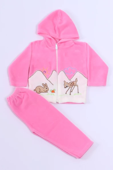 BEBEK POLAR ALT ÜST TAKIM KAPŞONLU FERMUARLI NAKIŞLI E11 - 5