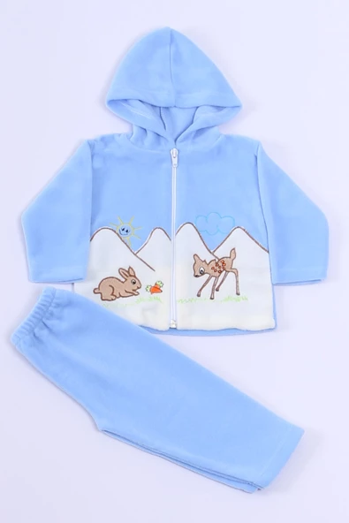 BEBEK POLAR ALT ÜST TAKIM KAPŞONLU FERMUARLI NAKIŞLI E11 - 2