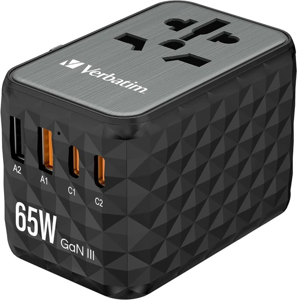 Verbatim UTA-05 GaN III 2X USB-C, W128807222 ile Evrensel Seyahat Adaptörü (2X USB-C PD 65W ve QC 4+ / 2X USB-A ile Seyahat Adaptörü)