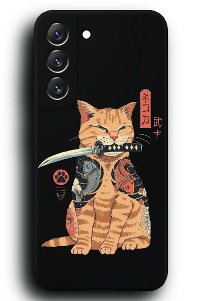 Galaxy S21 Uyumlu Lansman Telefon Kılıfı Samuray Savaşçı Katana Ronin Kedi