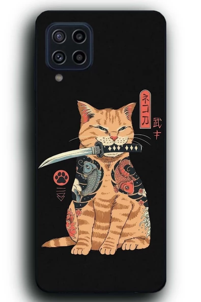 Samsung Galaxy M22 Uyumlu Lansman Telefon Kılıfı Samuray Savaşçı Katana Ronin Kedi