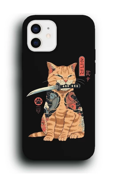 iPhone 12 Uyumlu Lansman Telefon Kılıfı Samuray Savaşçı Katana Ronin Kedi