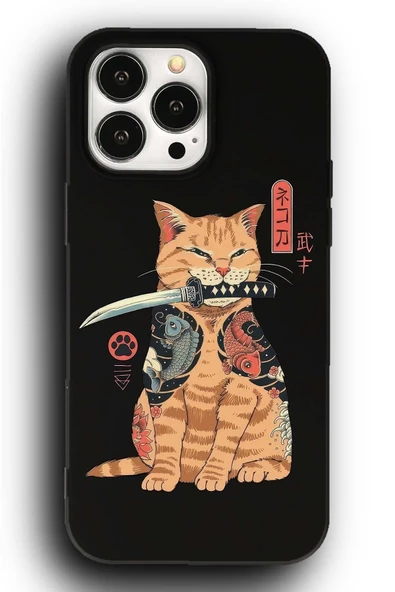 iPhone 15 Pro Max Uyumlu Lansman Telefon Kılıfı Samuray Savaşçı Katana Ronin Kedi