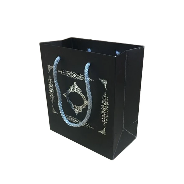 Karton İpsaplı Hediye Çantası Saray Desenli Gümüş 15X17X8 10 Adet  Siyah
