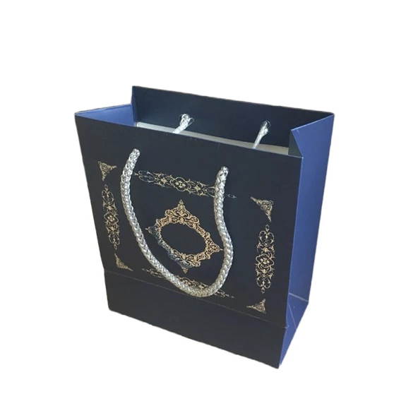 Karton İpsaplı Hediye Çantası Saray Desenli Gümüş 15X17X8 10 Adet  Lacivert