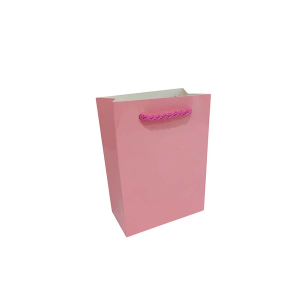 İp Saplı Karton Çanta Minik Boy Düz Renk 13.8X10X5 CM (25 Adet)   Pembe