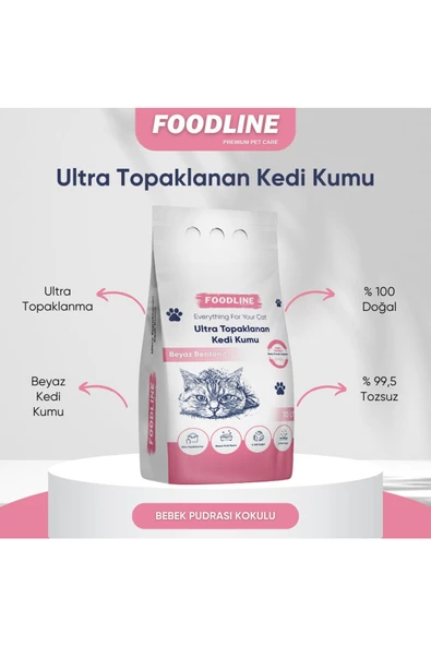 Foodline Bebek Pudrası Kokulu İnce Taneli Bentonit Topaklanan Kedi Kumu 10 Lt X 2 Adet - 2