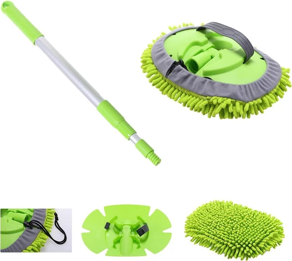 QASUL Mikrofiber Çok Fonksiyonlu Uzun Sopalı Oto Araba Araç Yıkama Temizleme Fırçası Yedek Mop Hediye - 7