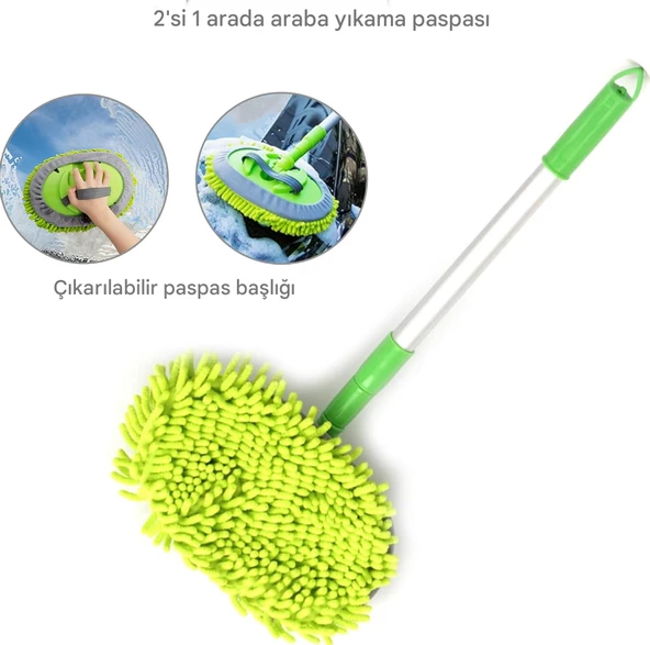QASUL Mikrofiber Çok Fonksiyonlu Uzun Sopalı Oto Araba Araç Yıkama Temizleme Fırçası Yedek Mop Hediye - 5