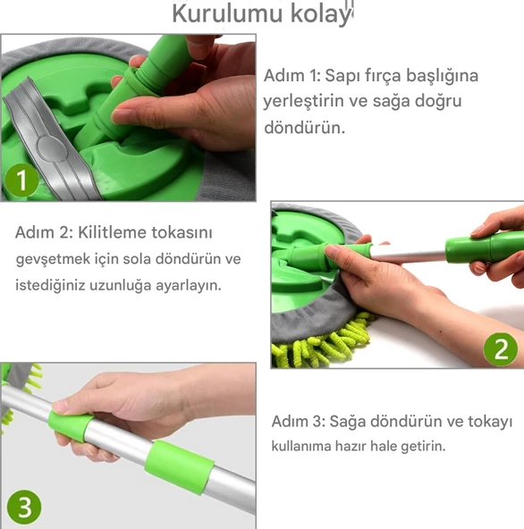 QASUL Mikrofiber Çok Fonksiyonlu Uzun Sopalı Oto Araba Araç Yıkama Temizleme Fırçası Yedek Mop Hediye - 4