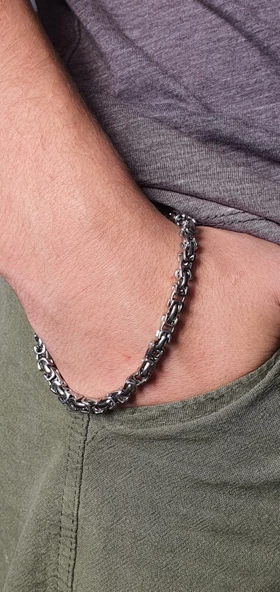 Gümüş Renk, Modern Halkalı Paslanmaz Çelik Erkek Bileklik 21 cm - 1