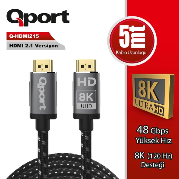 QPORT Q-HDMI215 5m HDMI 2.1V 8K ALTIN UÇLU ÖRGÜLÜ