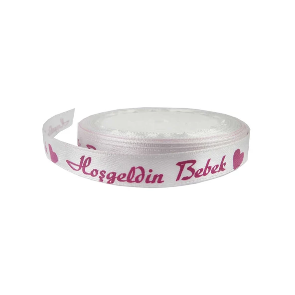 Saten Kurdele Hoşgeldin Bebek Yazılı 1 CM (10 Metre)  Pembe