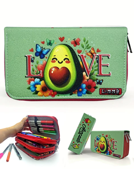 Kalem Kutusu Avakado Love Kawai Organizer Kalemkutu Vegan Deri Üç Bölmeli Kalemlik - Kırmızı