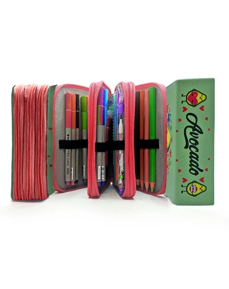 Kalem Kutusu Avakado Love Kawai Organizer Kalemkutu Vegan Deri Üç Bölmeli Kalemlik - Kırmızı - Resim 5