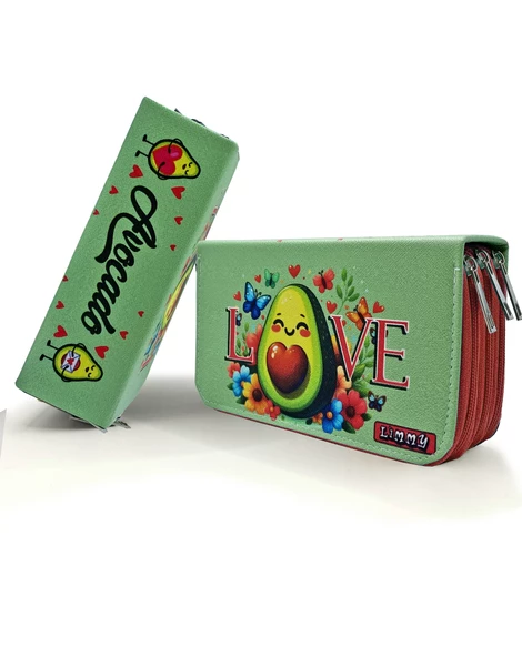 Kalem Kutusu Avakado Love Kawai Organizer Kalemkutu Vegan Deri Üç Bölmeli Kalemlik - Kırmızı - Resim 2