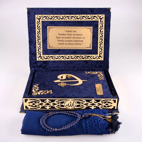 Şal + Tesbih + Kuran Hediye Seti (Orta Boy, ElifVav, Gold Pleksi, Raşel Kutu, Lacivert) - Resim 3