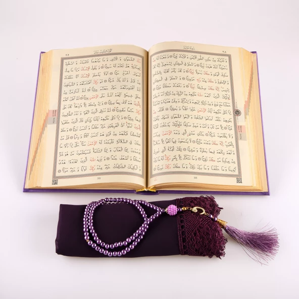 Şal + Tesbih + Kuran Hediye Seti (Orta Boy, Termo Deri, Mor) - Resim 4