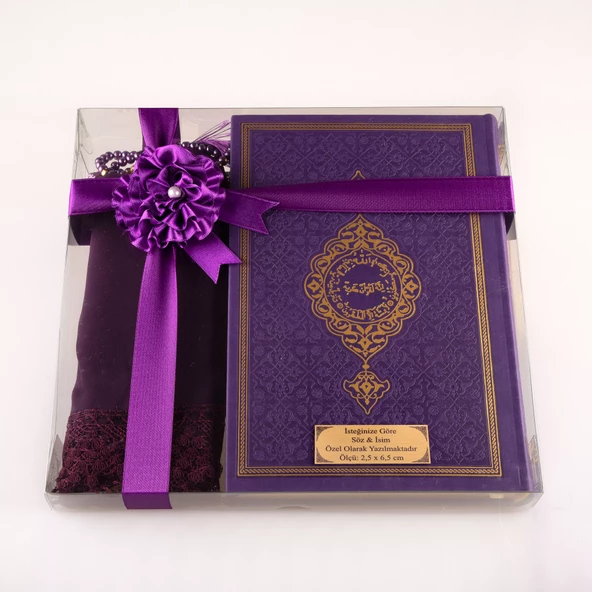 Şal + Tesbih + Kuran Hediye Seti (Orta Boy, Termo Deri, Mor) - Resim 2