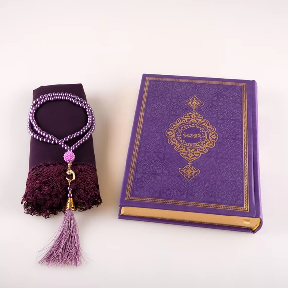 Şal + Tesbih + Kuran Hediye Seti (Orta Boy, Termo Deri, Mor) - Resim 3
