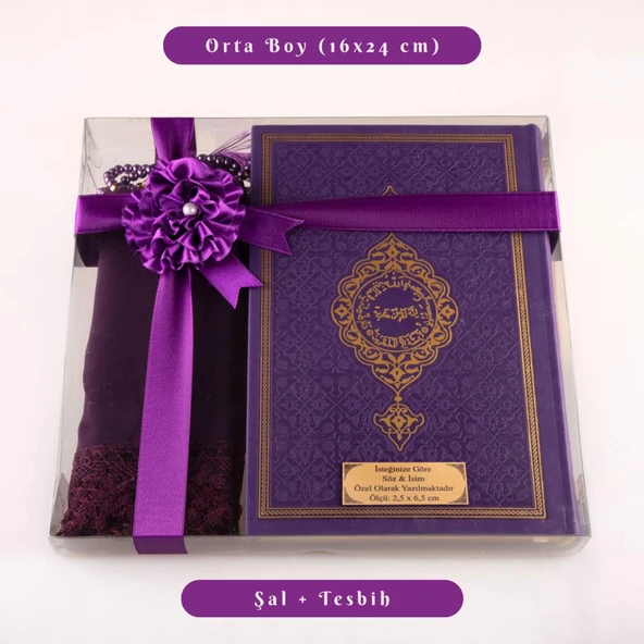 Şal + Tesbih + Kuran Hediye Seti (Orta Boy, Termo Deri, Mor) ürün görseli 1
