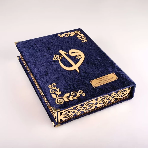 Şal + Tesbih + Kuran Hediye Seti (Orta Boy, ElifVav, Gold Pleksi, Raşel Kutu, Lacivert) - Resim 5
