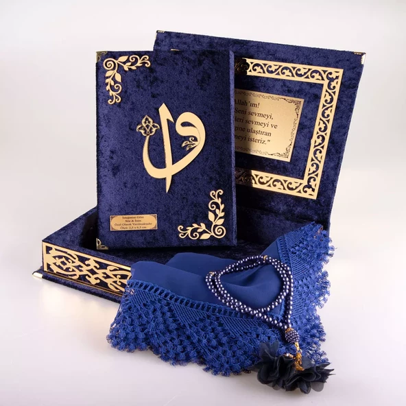 Şal + Tesbih + Kuran Hediye Seti (Orta Boy, ElifVav, Gold Pleksi, Raşel Kutu, Lacivert) - Resim 2