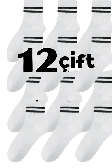 Ünisex 12 Çift Çizgi Şeritli Çorap Set Penye Pamuk Esnek Yumuşak Likralı - 2