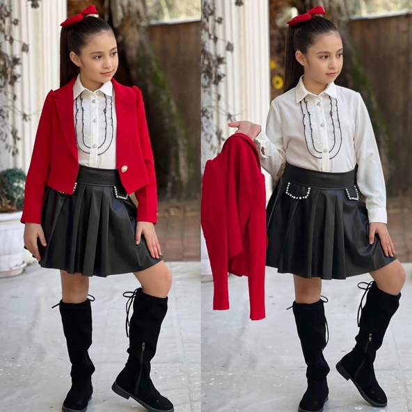 uğurböceğiçocuk Deri Kloş Etekli Dabıl Ceket 4'lü Kız Çocuk Takım - 10