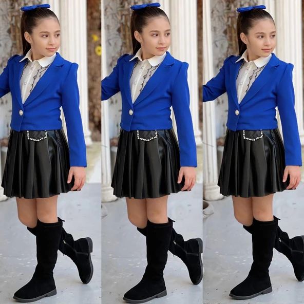 uğurböceğiçocuk Deri Kloş Etekli Dabıl Ceket 4'lü Kız Çocuk Takım - 4