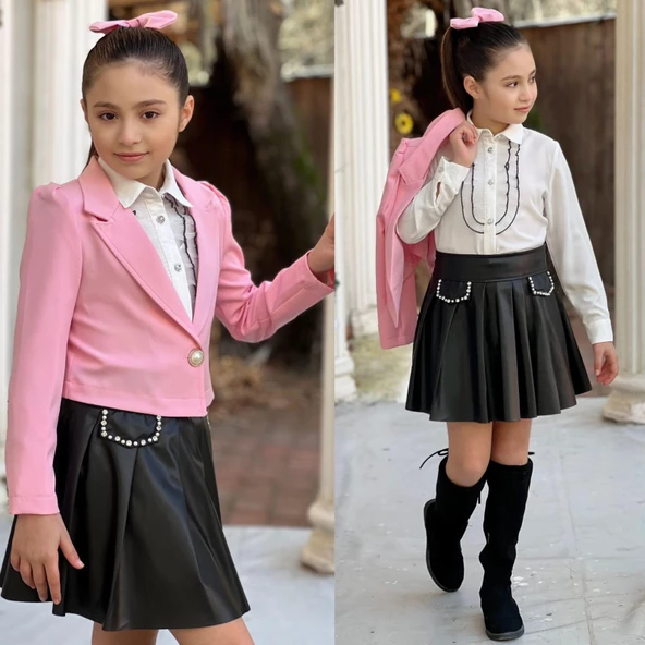 uğurböceğiçocuk Deri Kloş Etekli Dabıl Ceket 4'lü Kız Çocuk Takım - 12