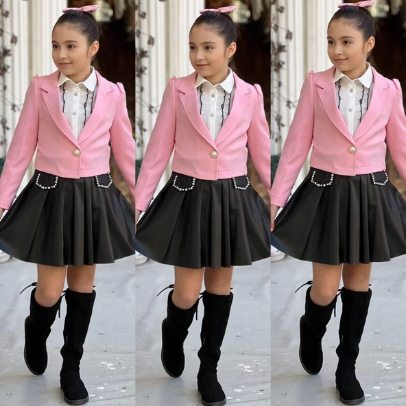 uğurböceğiçocuk Deri Kloş Etekli Dabıl Ceket 4'lü Kız Çocuk Takım - 5