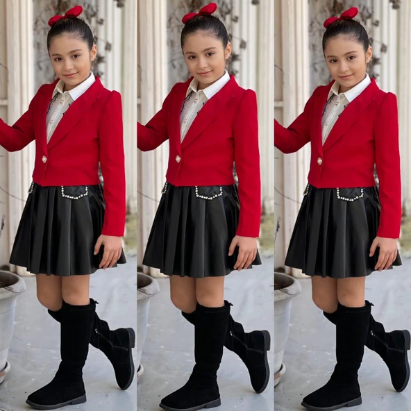 uğurböceğiçocuk Deri Kloş Etekli Dabıl Ceket 4'lü Kız Çocuk Takım - 2