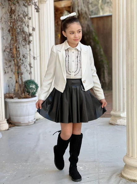 uğurböceğiçocuk Deri Kloş Etekli Dabıl Ceket 4'lü Kız Çocuk Takım - 3